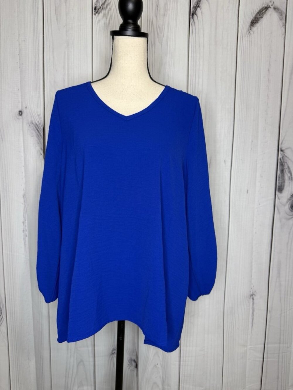 Cotton Bleu Long Sleeve Blouse Size M Royal Blue Elastic Cuffs V-Neck